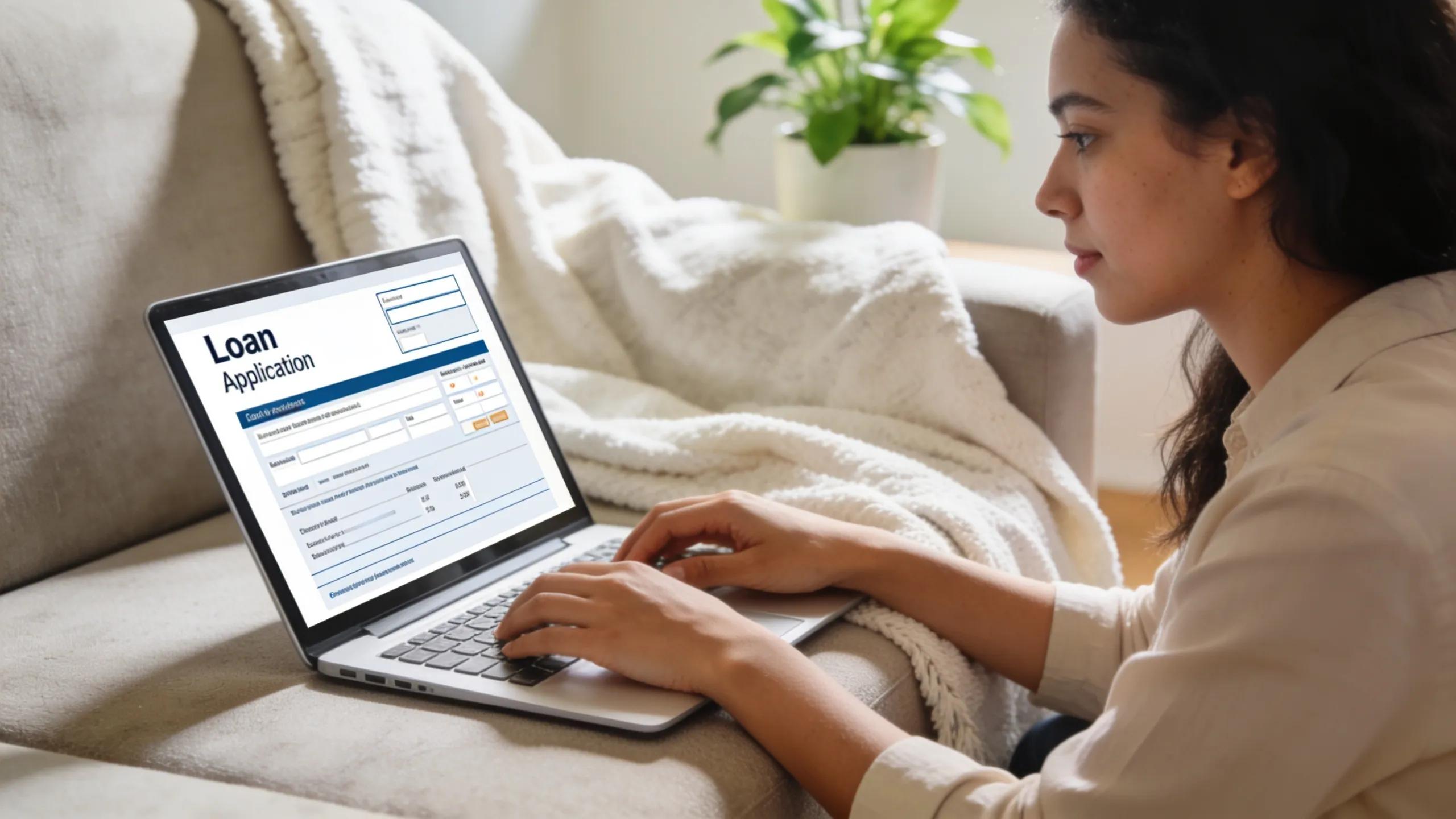 Individual calmly completing a loan application on a laptop at home, highlighting the simplicity of the process