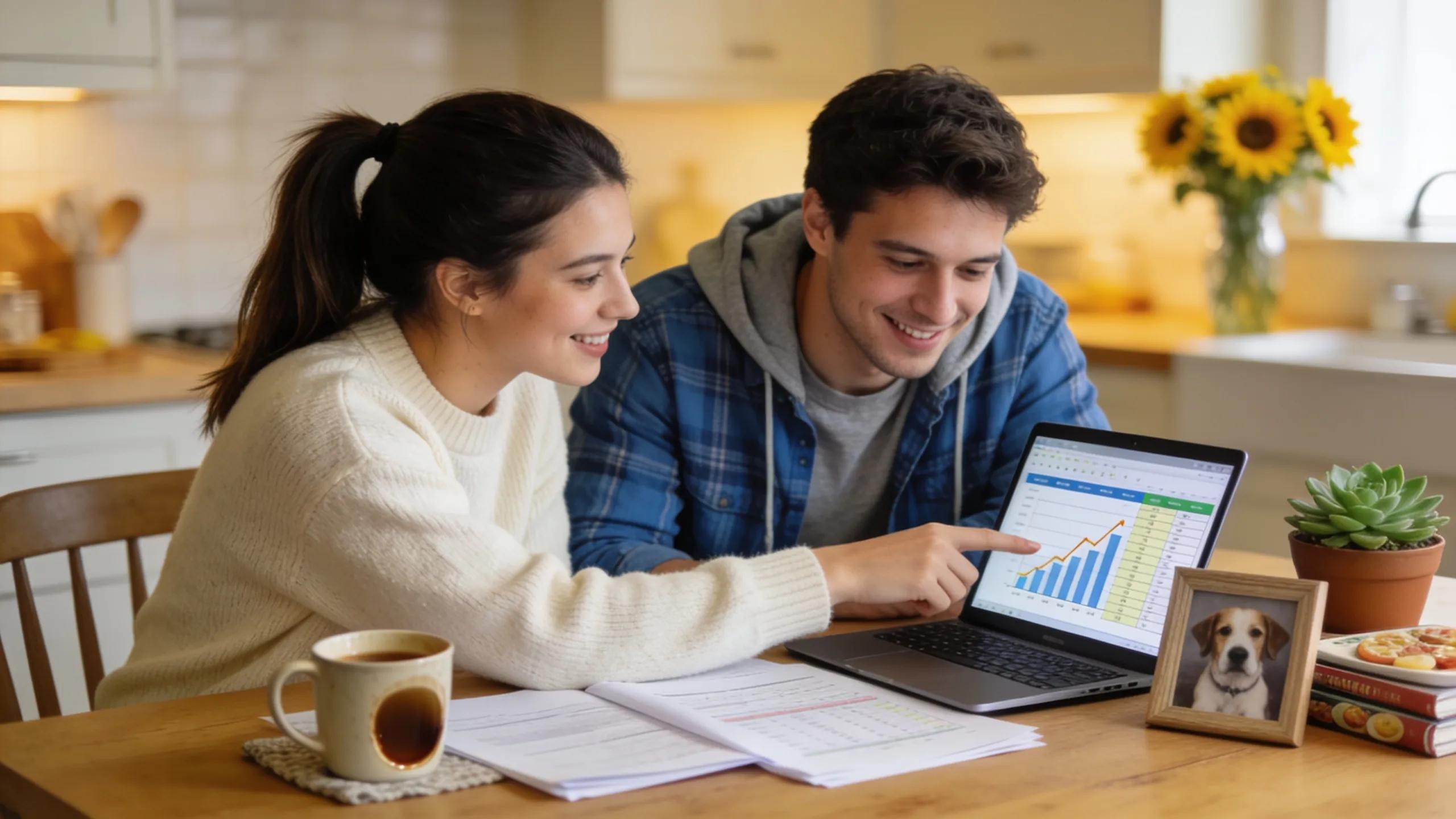 Young couple evaluating eligibility criteria for bad credit loans in a warm kitchen setting