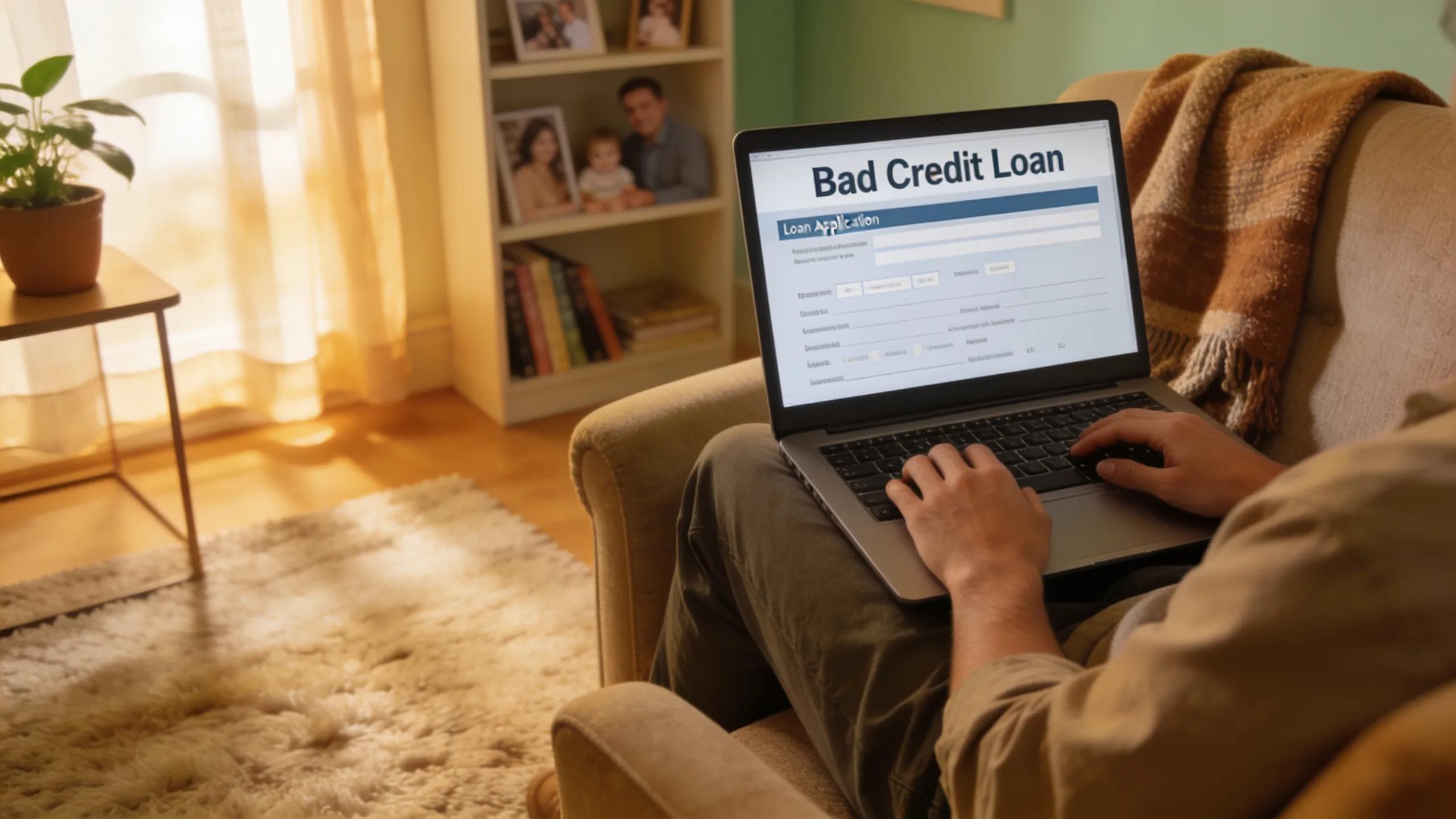 Individual applying for bad credit loans online from a cozy home setting