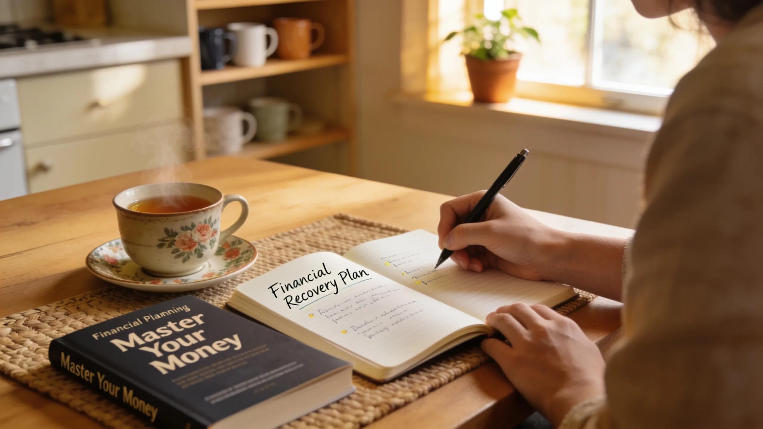 Person planning financial recovery at a kitchen table, symbolizing proactive loan repayment management